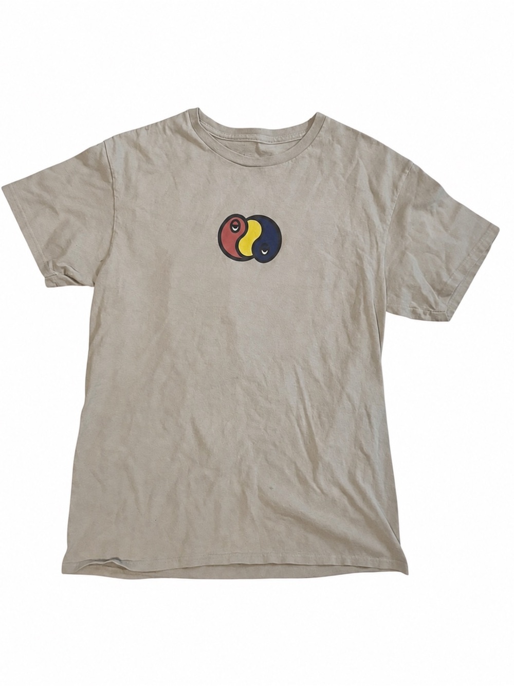 Beige Short-Sleeve Graphic Tee with Tricolor Yin-Yang Motif